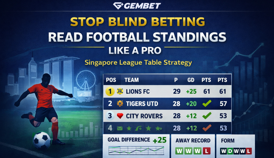 football standings singapore guide infographic showing how to read league table data including matches played, points, goal difference, home and away records, and recent form for smarter football betting strategy