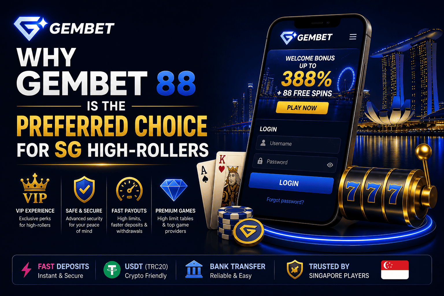 Gembet 88 Singapore VIP high roller casino and sportsbook platform